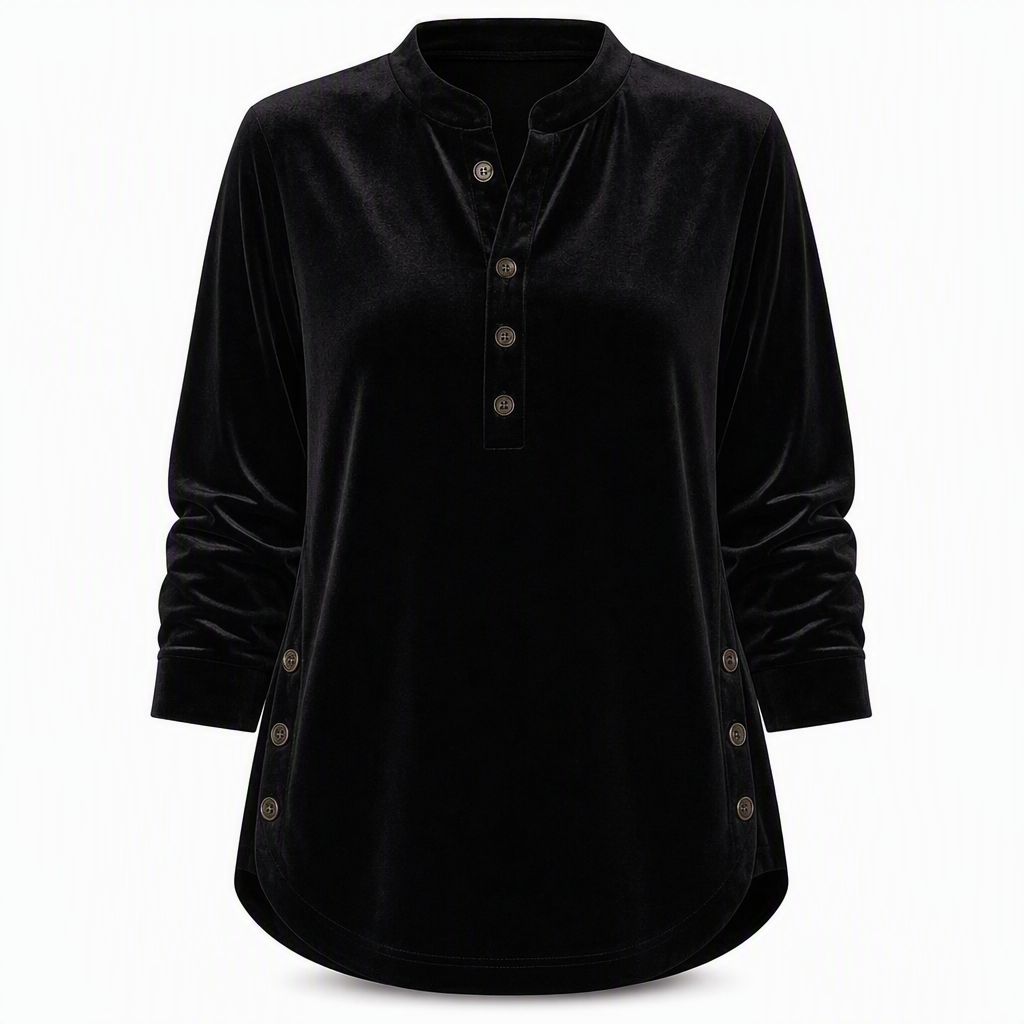 T-shirt décontracté à manches longues en velours ample pour femme, avec col V boutonné