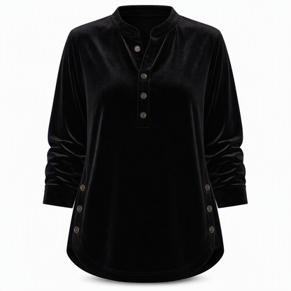 T-shirt décontracté à manches longues en velours ample pour femme, avec col V boutonné