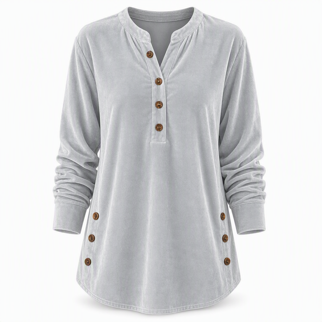 T-shirt décontracté à manches longues en velours ample pour femme, avec col V boutonné