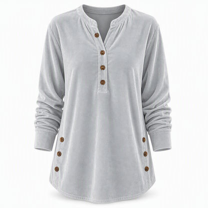 T-shirt décontracté à manches longues en velours ample pour femme, avec col V boutonné