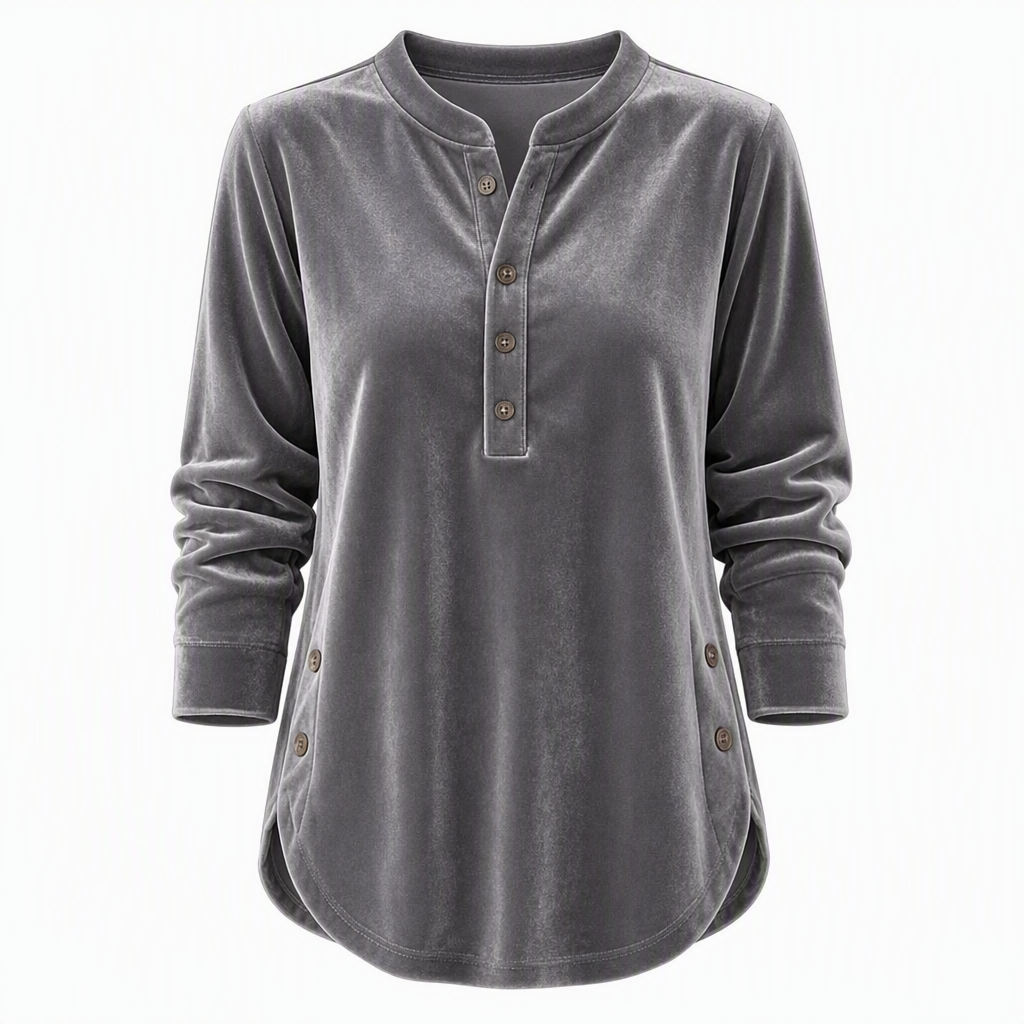 T-shirt décontracté à manches longues en velours ample pour femme, avec col V boutonné