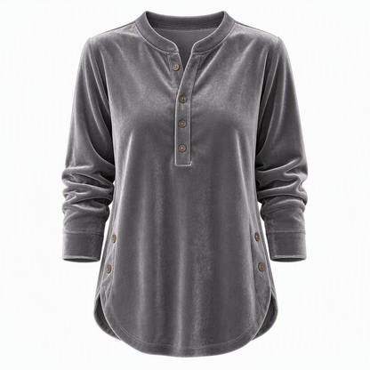T-shirt décontracté à manches longues en velours ample pour femme, avec col V boutonné