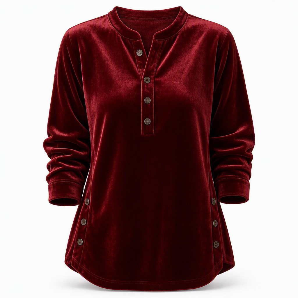 T-shirt décontracté à manches longues en velours ample pour femme, avec col V boutonné