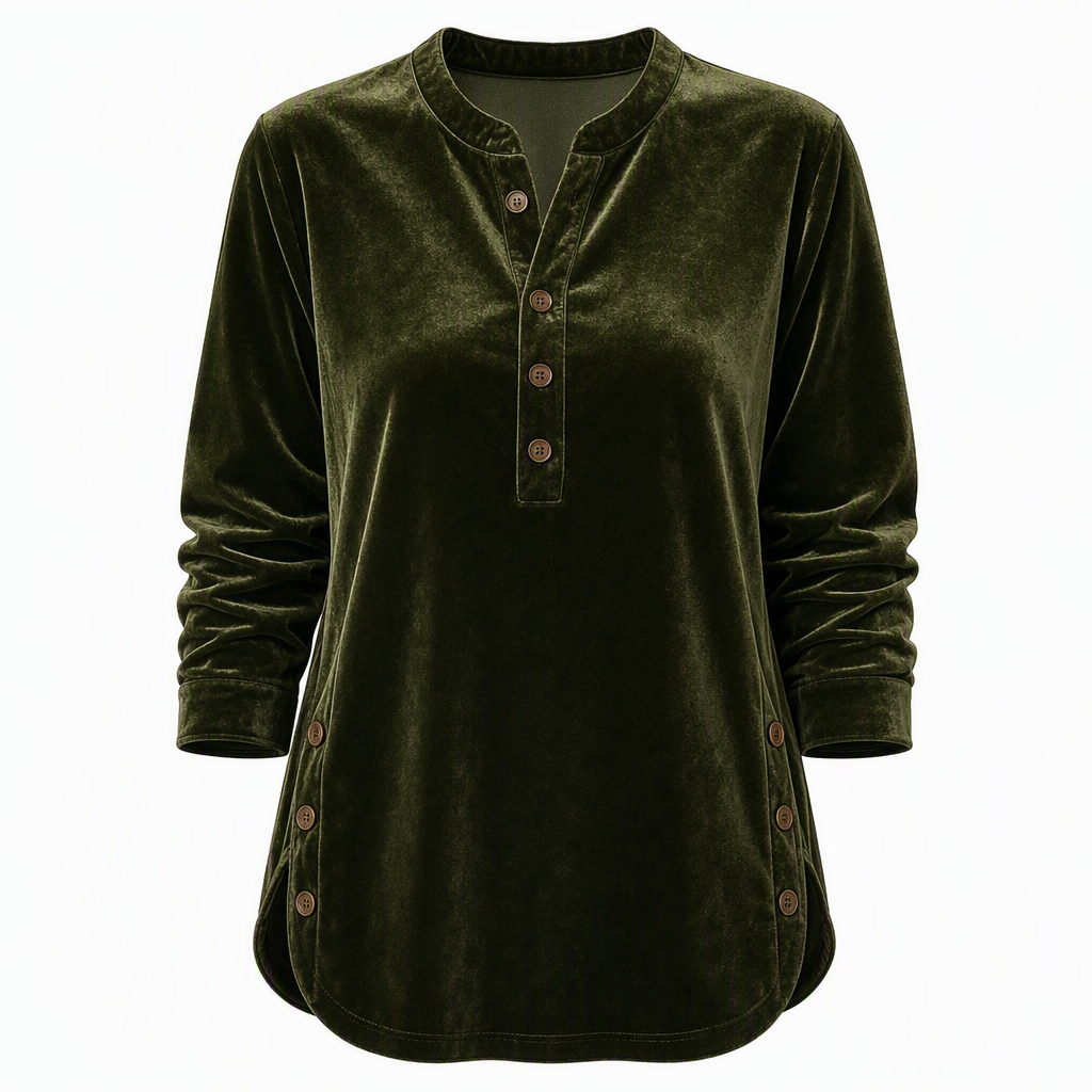 T-shirt décontracté à manches longues en velours ample pour femme, avec col V boutonné