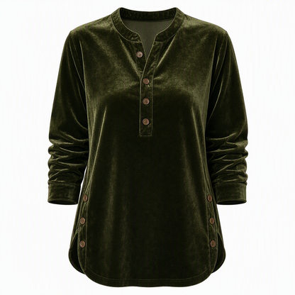 T-shirt décontracté à manches longues en velours ample pour femme, avec col V boutonné