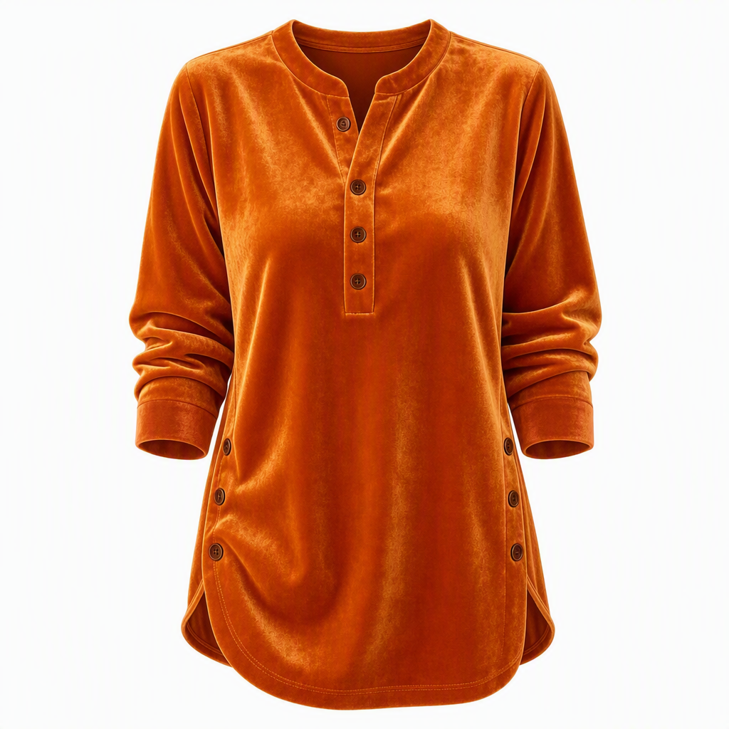 T-shirt décontracté à manches longues en velours ample pour femme, avec col V boutonné