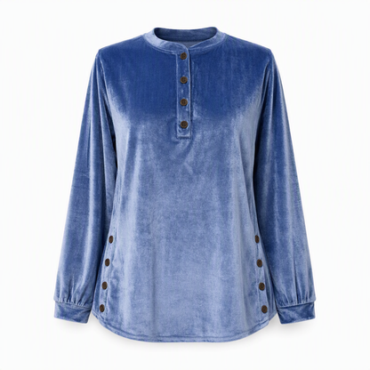 T-shirt décontracté à manches longues en velours ample pour femme, avec col V boutonné