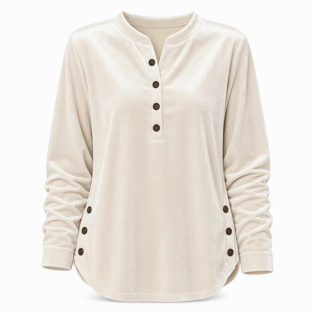 T-shirt décontracté à manches longues en velours ample pour femme, avec col V boutonné