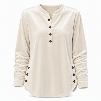 T-shirt décontracté à manches longues en velours ample pour femme, avec col V boutonné