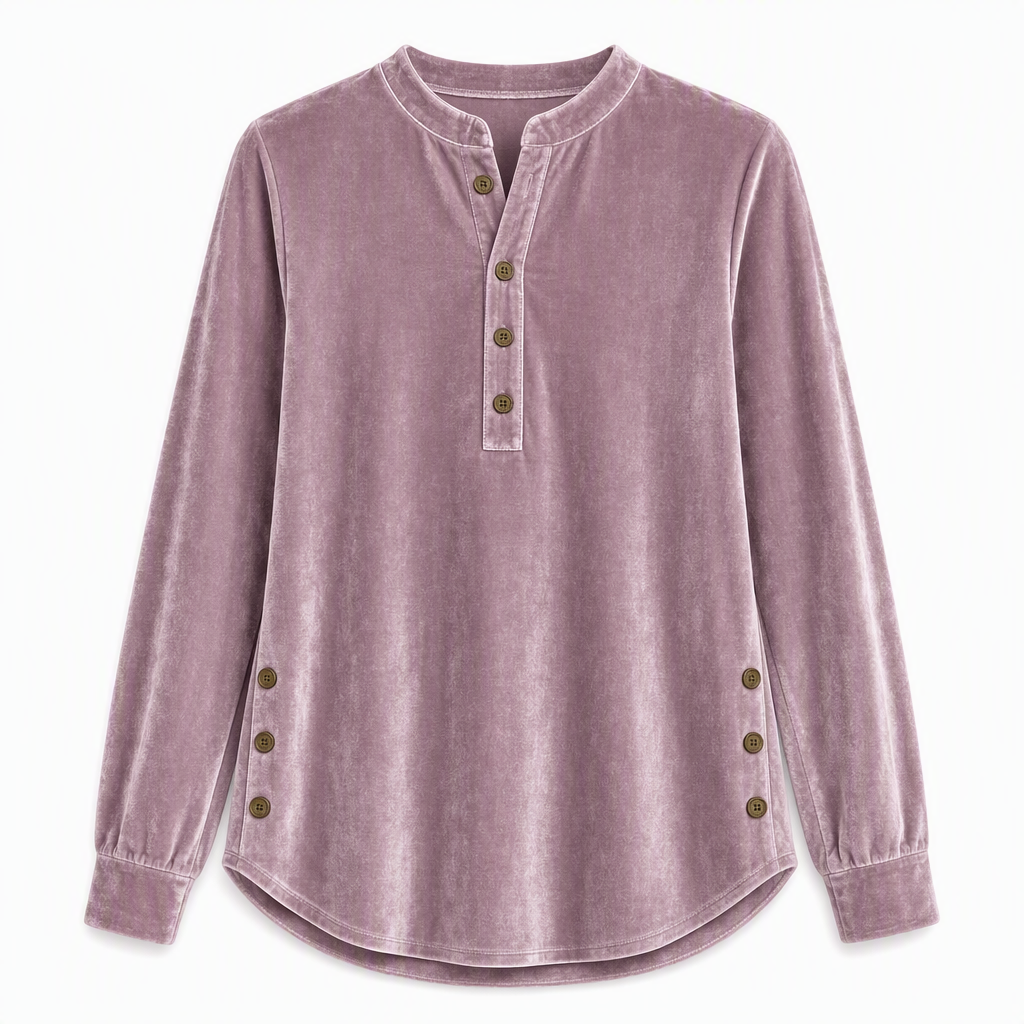 T-shirt décontracté à manches longues en velours ample pour femme, avec col V boutonné