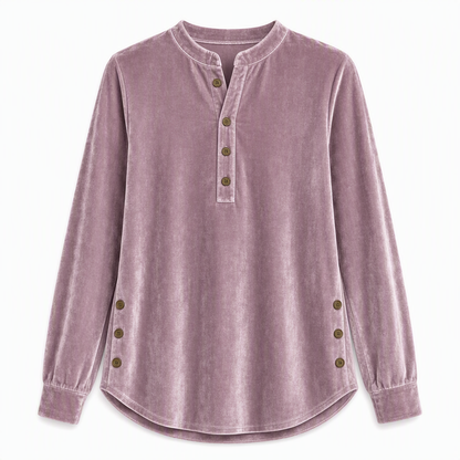 T-shirt décontracté à manches longues en velours ample pour femme, avec col V boutonné
