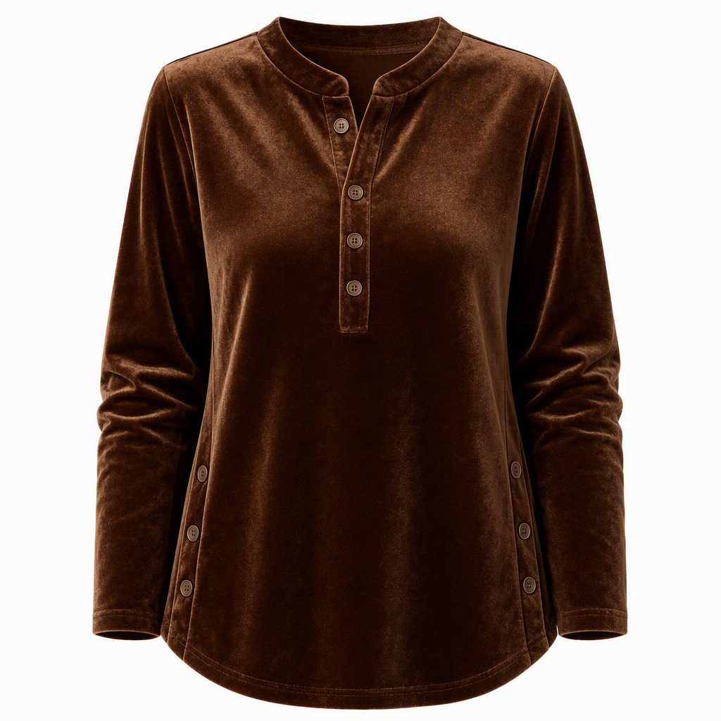 T-shirt décontracté à manches longues en velours ample pour femme, avec col V boutonné