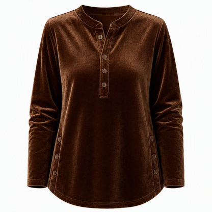 T-shirt décontracté à manches longues en velours ample pour femme, avec col V boutonné