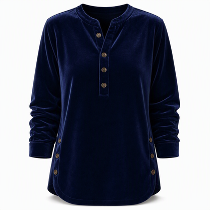 T-shirt décontracté à manches longues en velours ample pour femme, avec col V boutonné