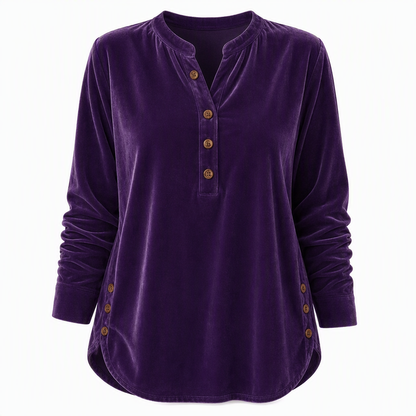 T-shirt décontracté à manches longues en velours ample pour femme, avec col V boutonné