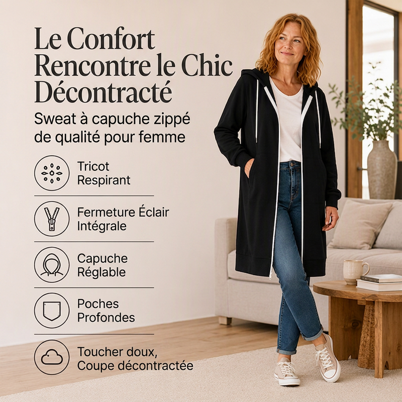 Veste à capuche longue zippée pour femme