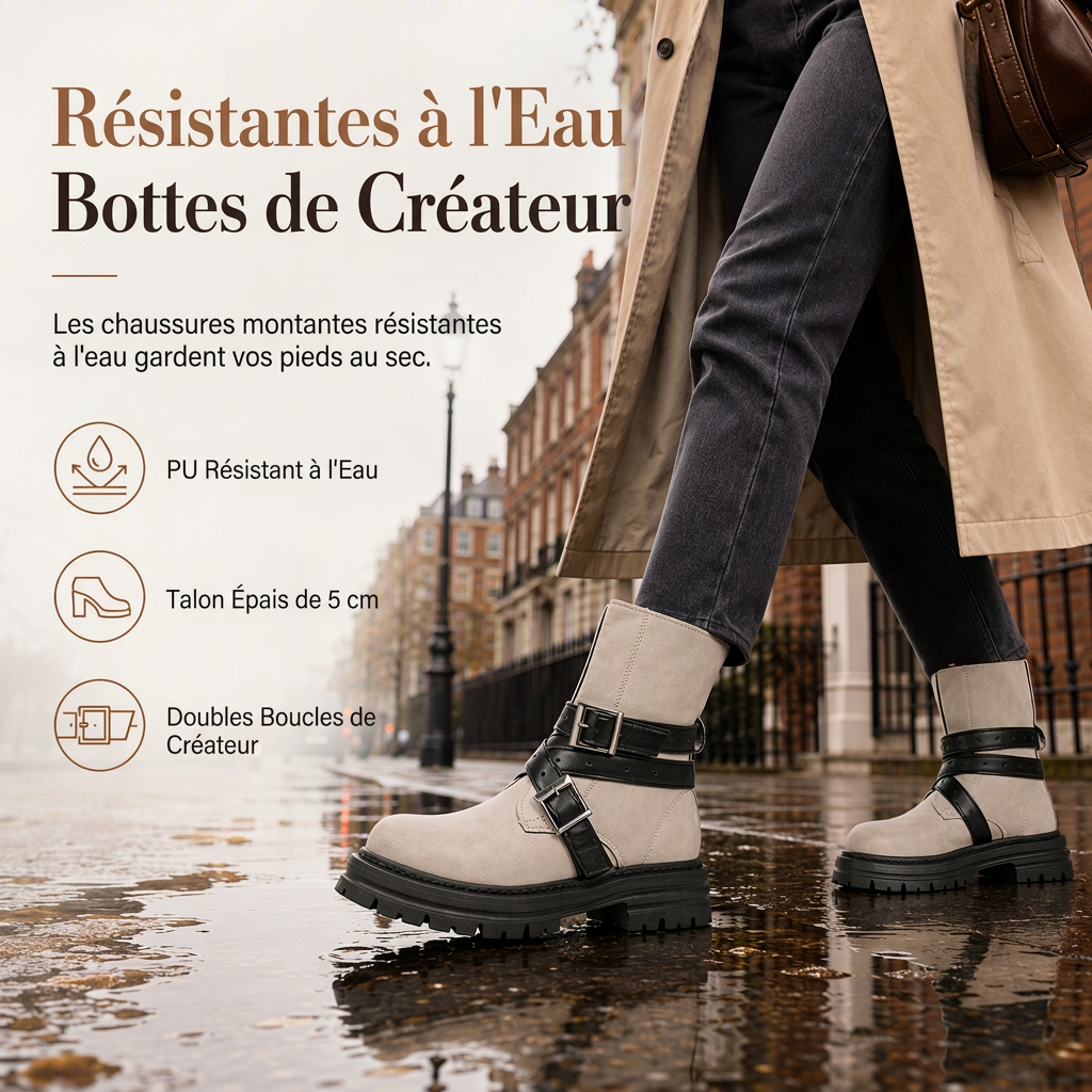 Bottines pour femme à bout rond avec bride à boucle, talon moyen épais et plateforme