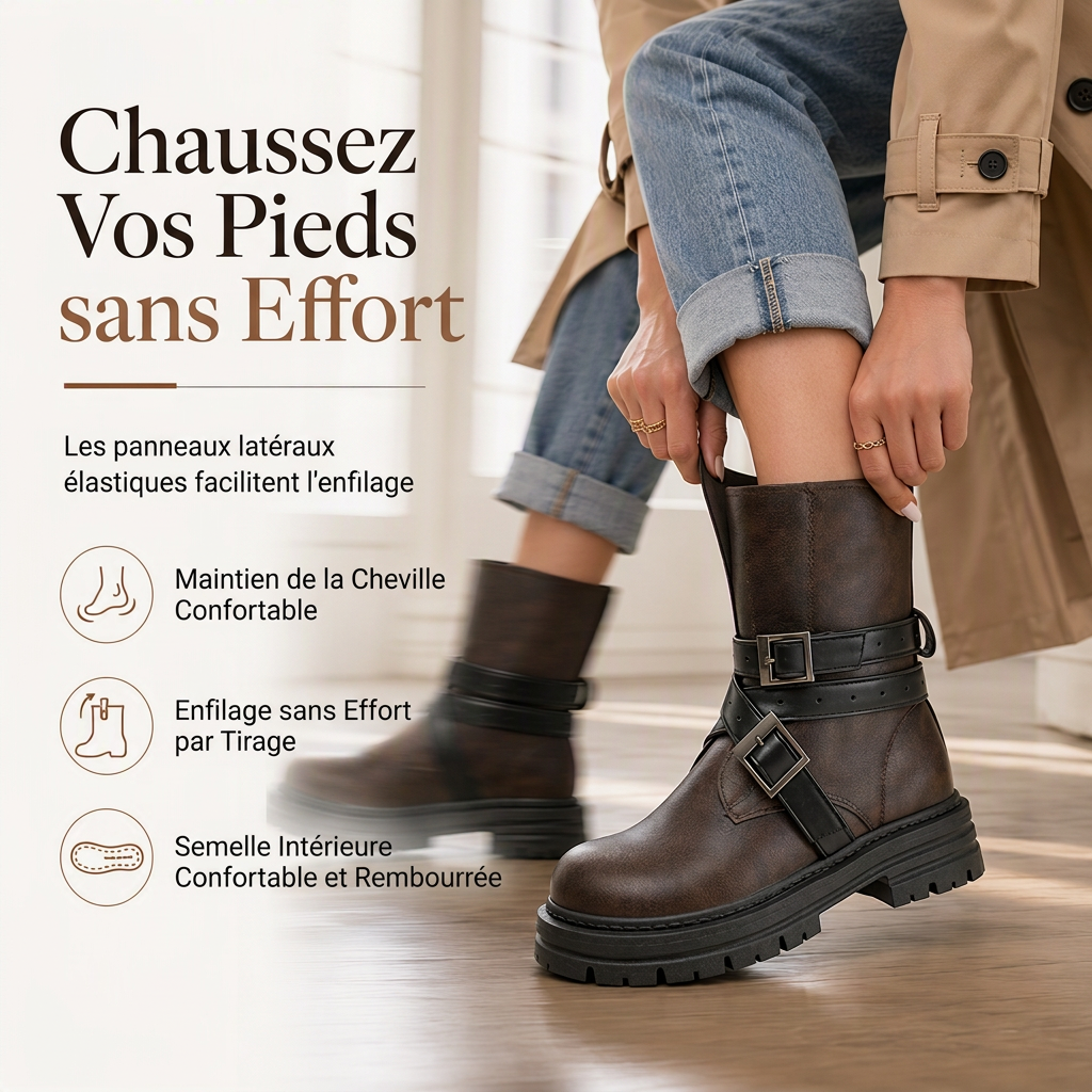 Bottines pour femme à bout rond avec bride à boucle, talon moyen épais et plateforme