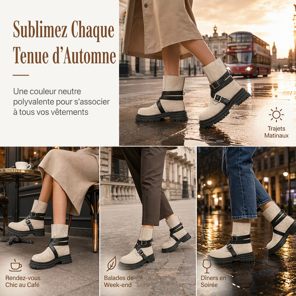 Bottines pour femme à bout rond avec bride à boucle, talon moyen épais et plateforme