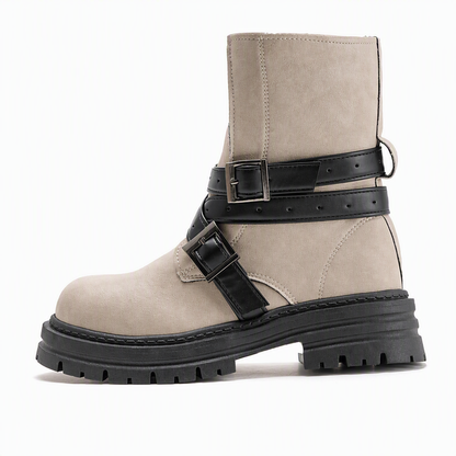 Bottines pour femme à bout rond avec bride à boucle, talon moyen épais et plateforme