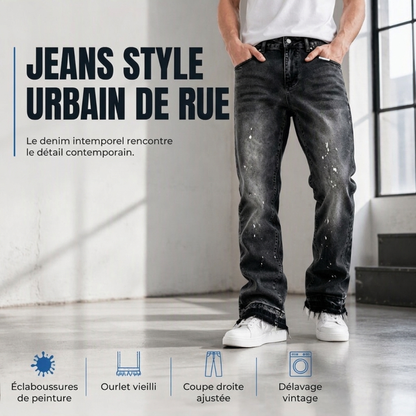 Jean en denim délavé à éclaboussures de peinture, style urbain streetwear pour hommes