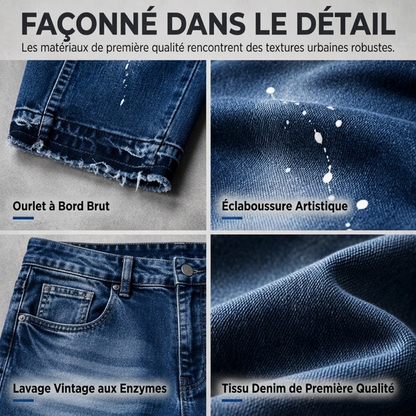Jean en denim délavé à éclaboussures de peinture, style urbain streetwear pour hommes