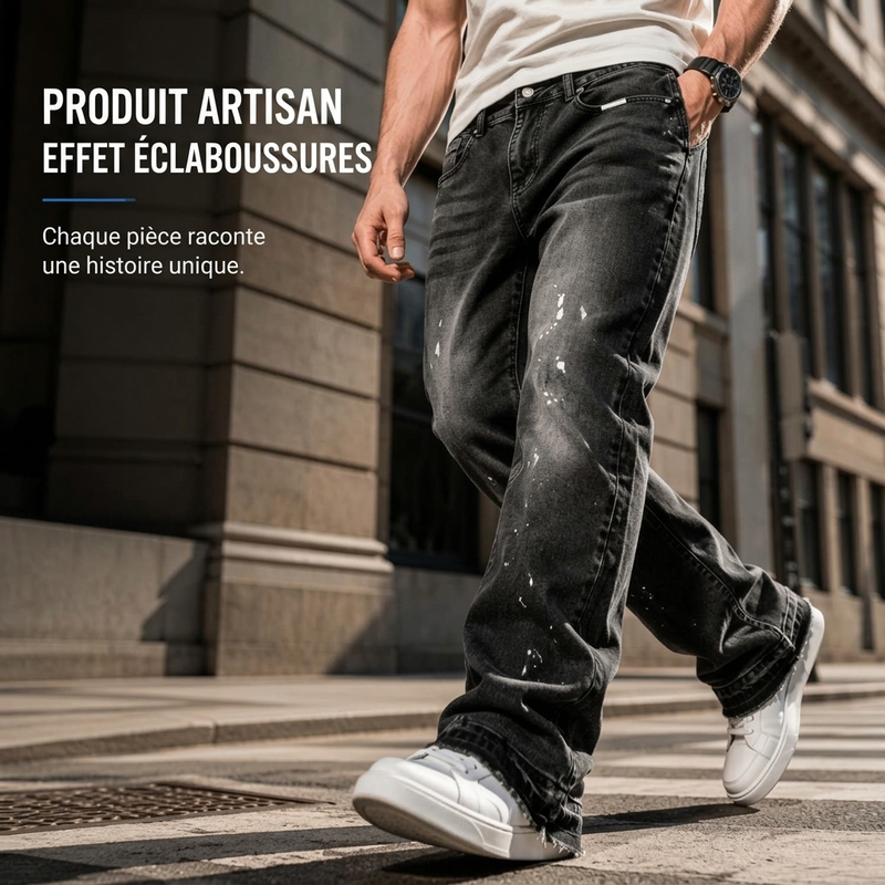 Jean en denim délavé à éclaboussures de peinture, style urbain streetwear pour hommes