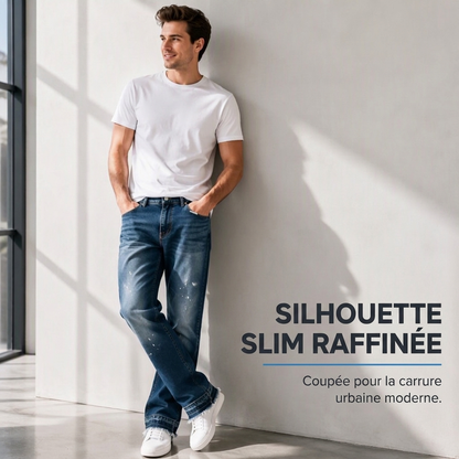 Jean en denim délavé à éclaboussures de peinture, style urbain streetwear pour hommes