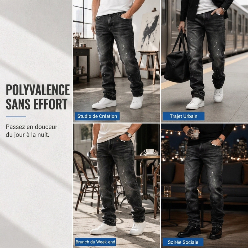 Jean en denim délavé à éclaboussures de peinture, style urbain streetwear pour hommes