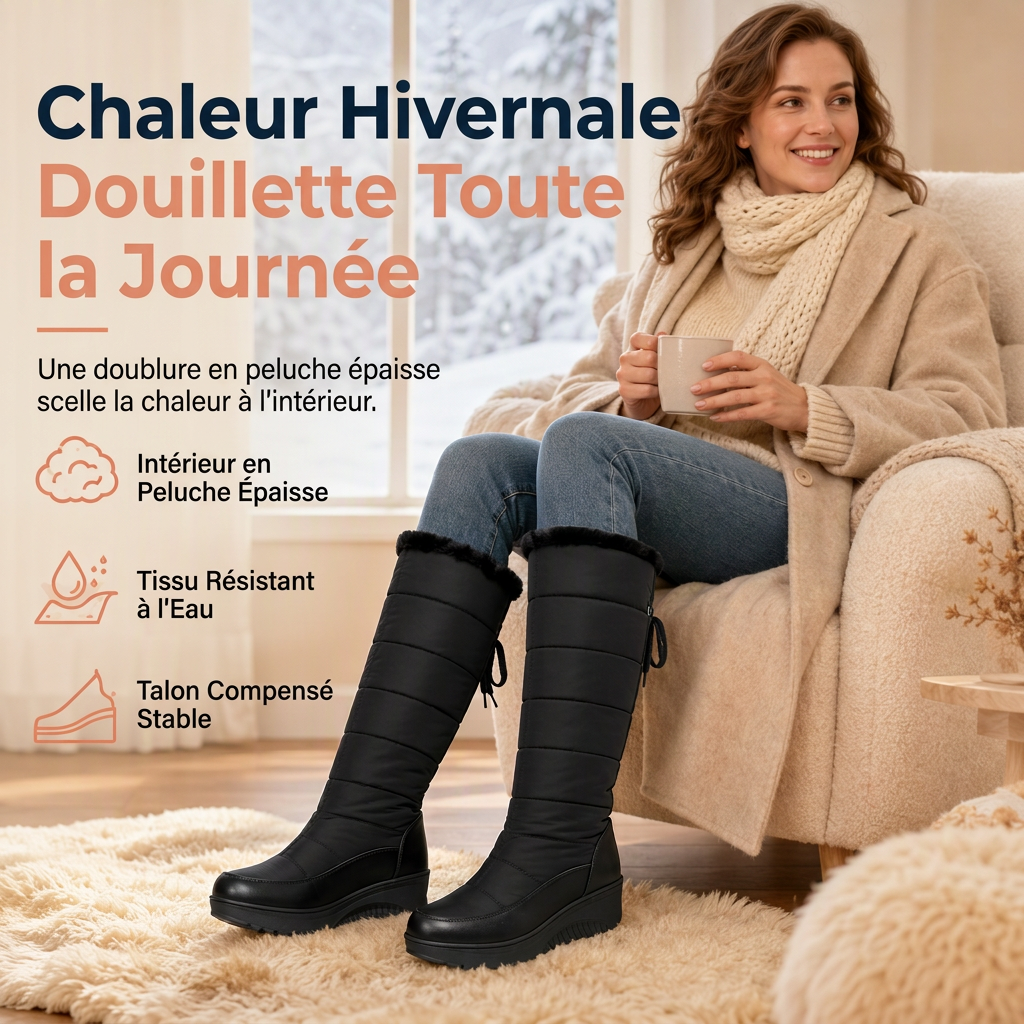 Bottes de neige d'hiver imperméables en duvet et coton pour femme, bottes mi-mollets à bout rond, semelle épaisse et doublure chaude