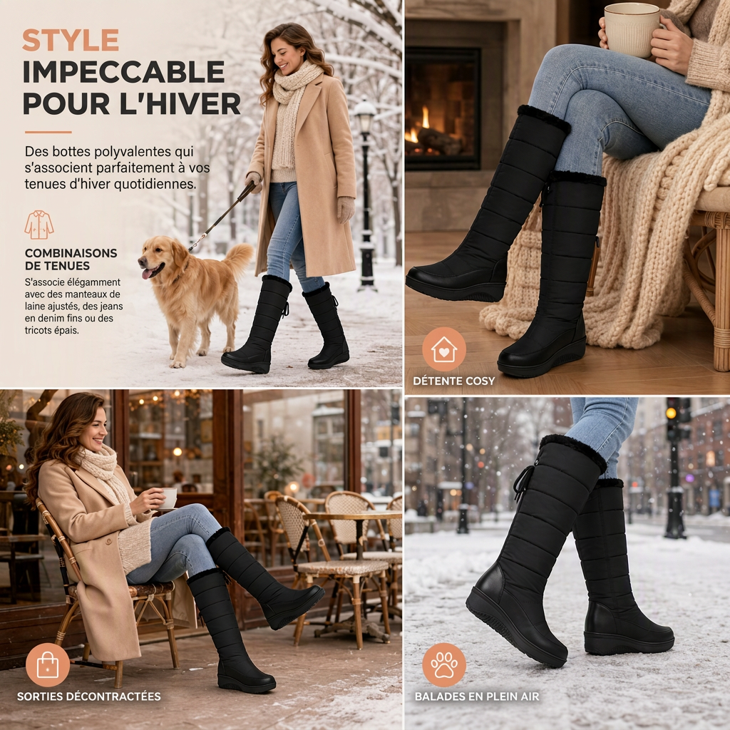Bottes de neige d'hiver imperméables en duvet et coton pour femme, bottes mi-mollets à bout rond, semelle épaisse et doublure chaude