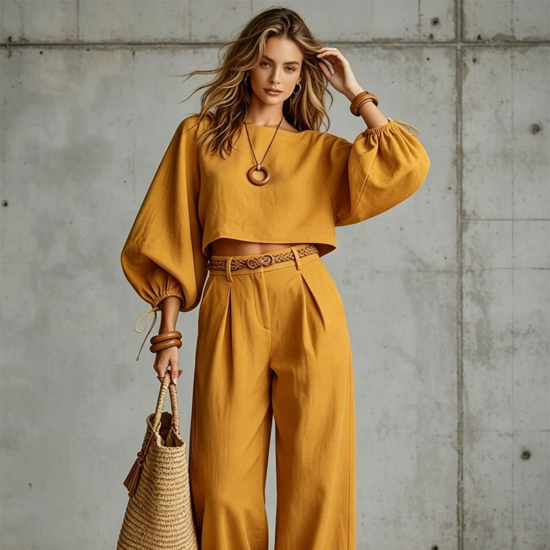 Ensemble décontracté pour femme : crop top et pantalon à jambes larges