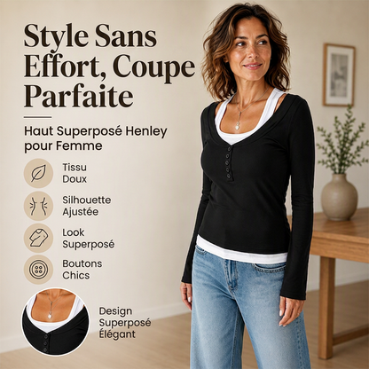 Haut femme à bloc de couleurs effet deux pièces avec col fantaisie