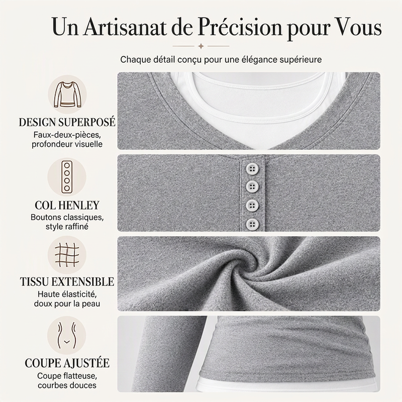 Haut femme à bloc de couleurs effet deux pièces avec col fantaisie
