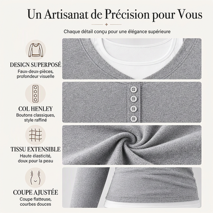 Haut femme à bloc de couleurs effet deux pièces avec col fantaisie