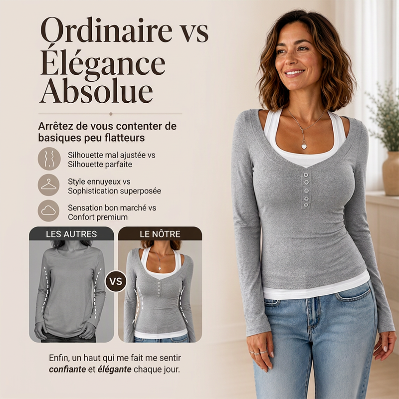 Haut femme à bloc de couleurs effet deux pièces avec col fantaisie