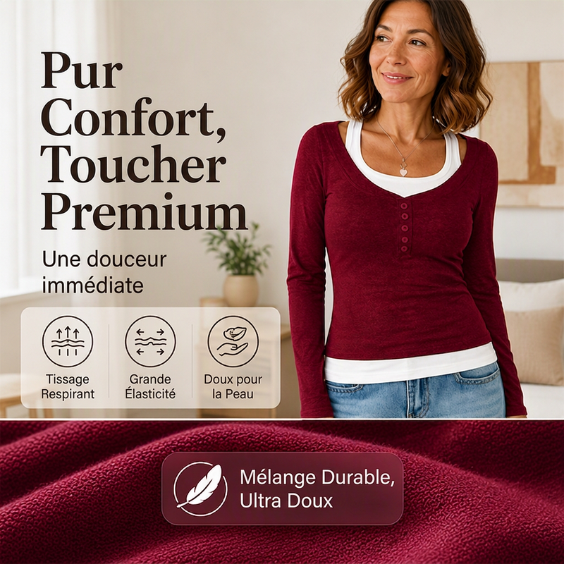 Haut femme à bloc de couleurs effet deux pièces avec col fantaisie