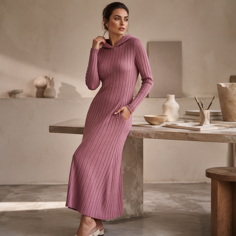 Robe à capuche décontractée en maille côtelée pour femme