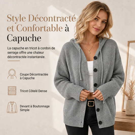 Cardigan tricoté à capuche et cordon pour femme, couleur unie