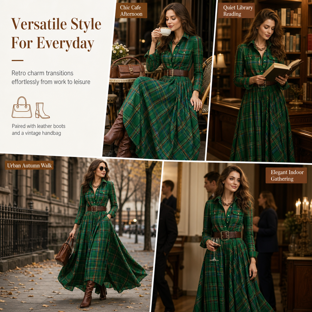 Robe vintage française à carreaux pour femmes grandes tailles, avec ourlet irrégulier et coupe amincissante
