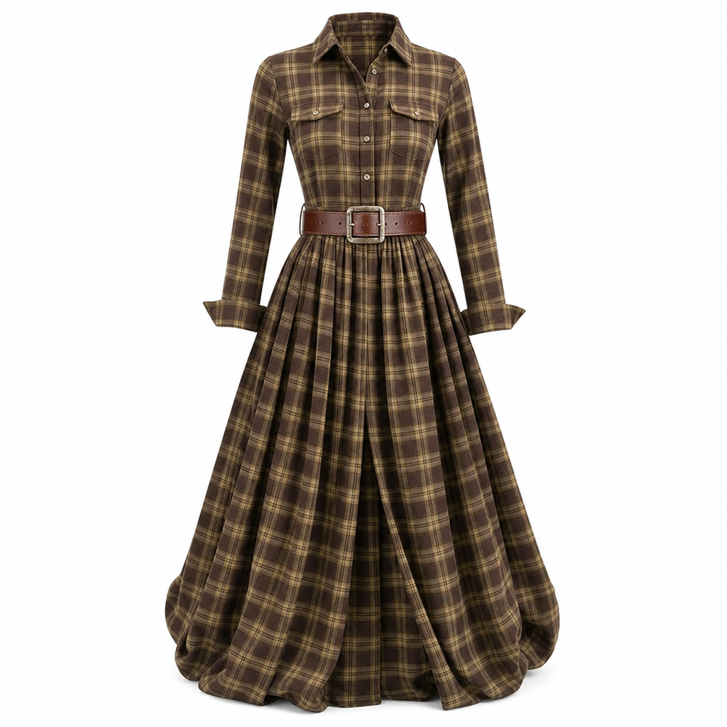 Robe vintage française à carreaux pour femmes grandes tailles, avec ourlet irrégulier et coupe amincissante