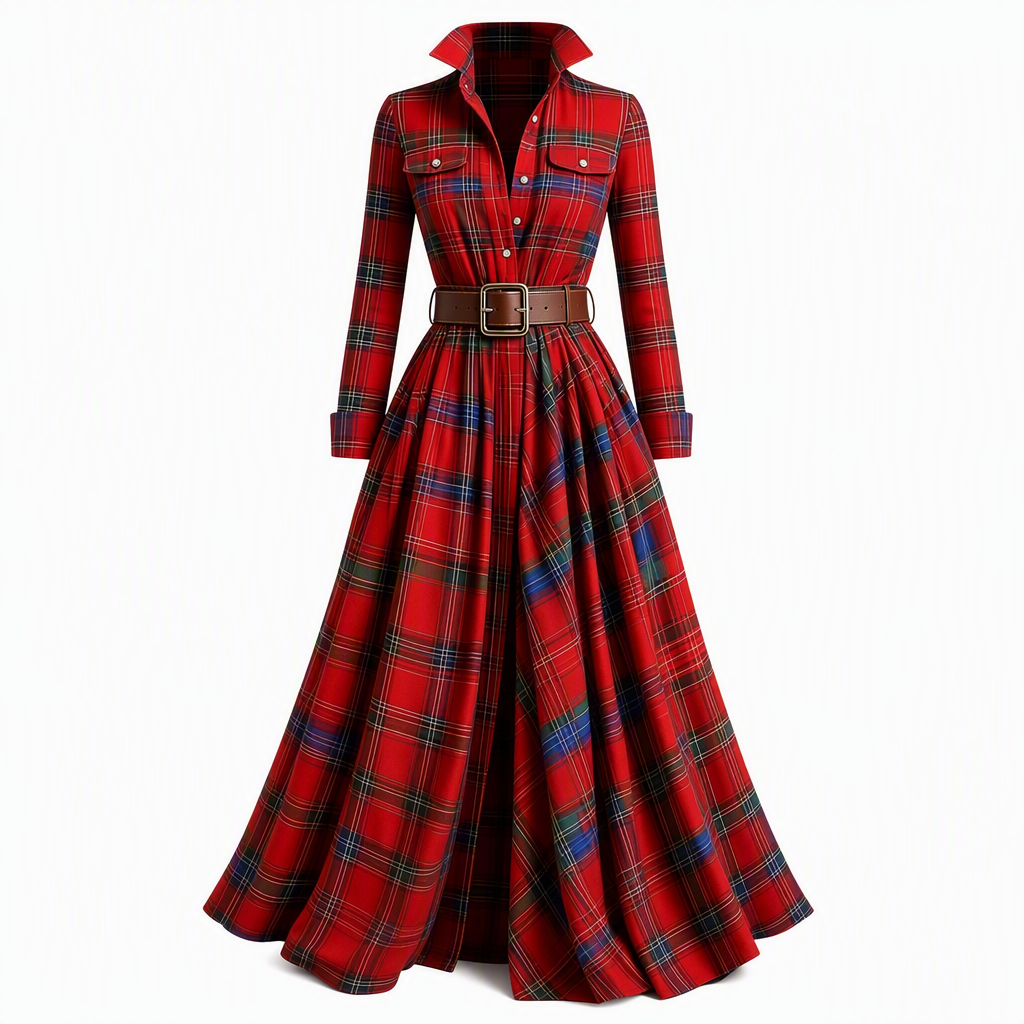 Robe vintage française à carreaux pour femmes grandes tailles, avec ourlet irrégulier et coupe amincissante