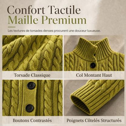 Manteau pull long cardigan long à col roulé et tricot torsadé pour femme