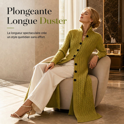 Manteau pull long cardigan long à col roulé et tricot torsadé pour femme