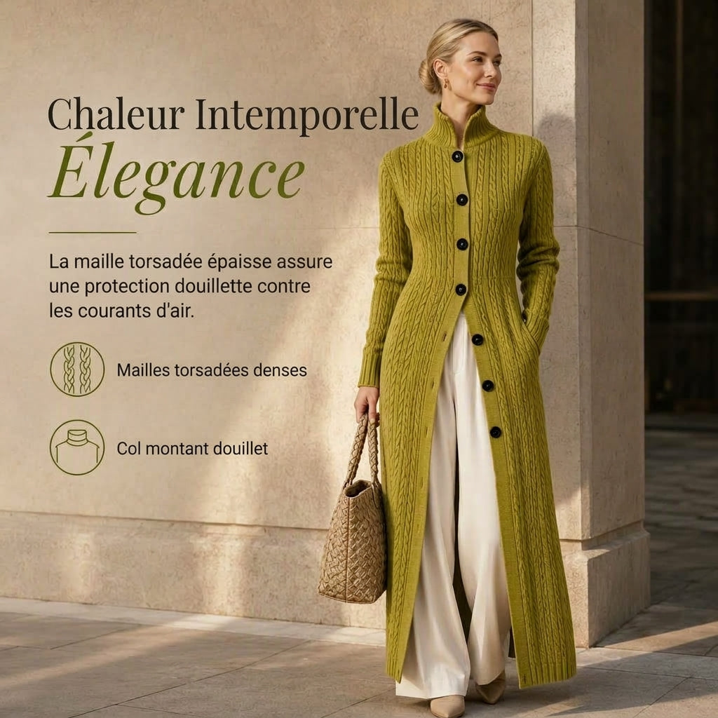 Manteau pull long cardigan long à col roulé et tricot torsadé pour femme