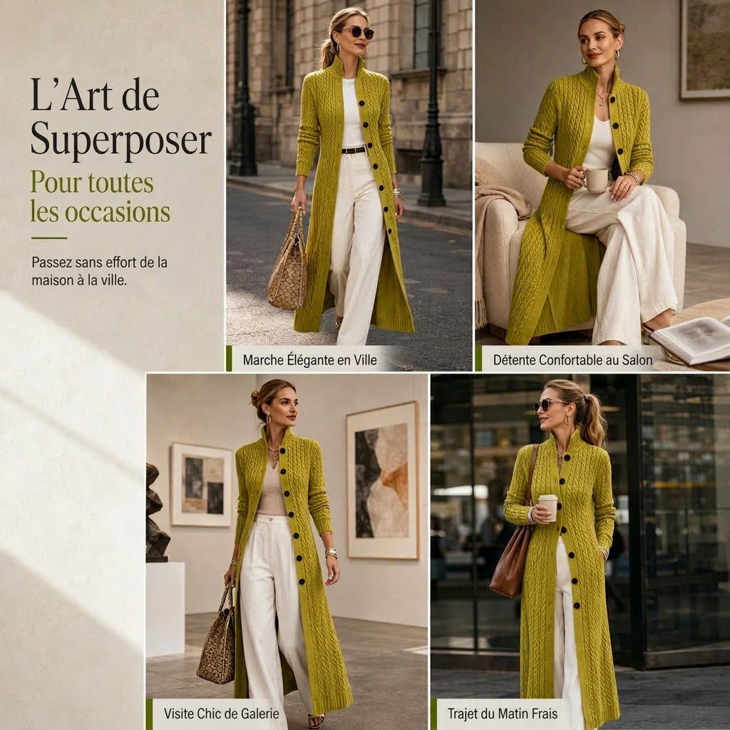 Manteau pull long cardigan long à col roulé et tricot torsadé pour femme
