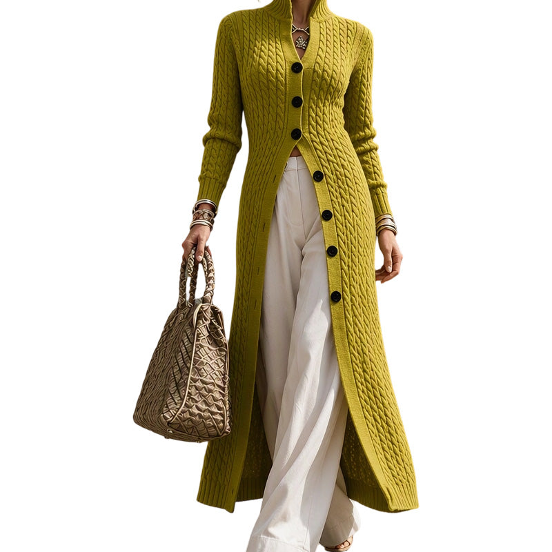 Manteau pull long cardigan long à col roulé et tricot torsadé pour femme