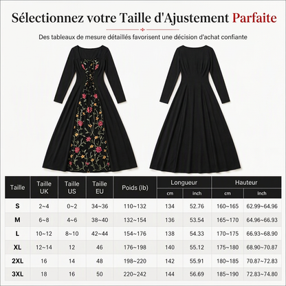 Robe longue corset noire à manches longues, col carré et lacets, avec panneau en maille brodé de fleurs