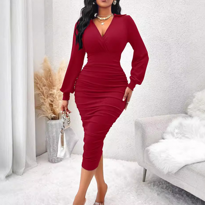 Robe moulante à col V, manches lanternes et fronces pour femme