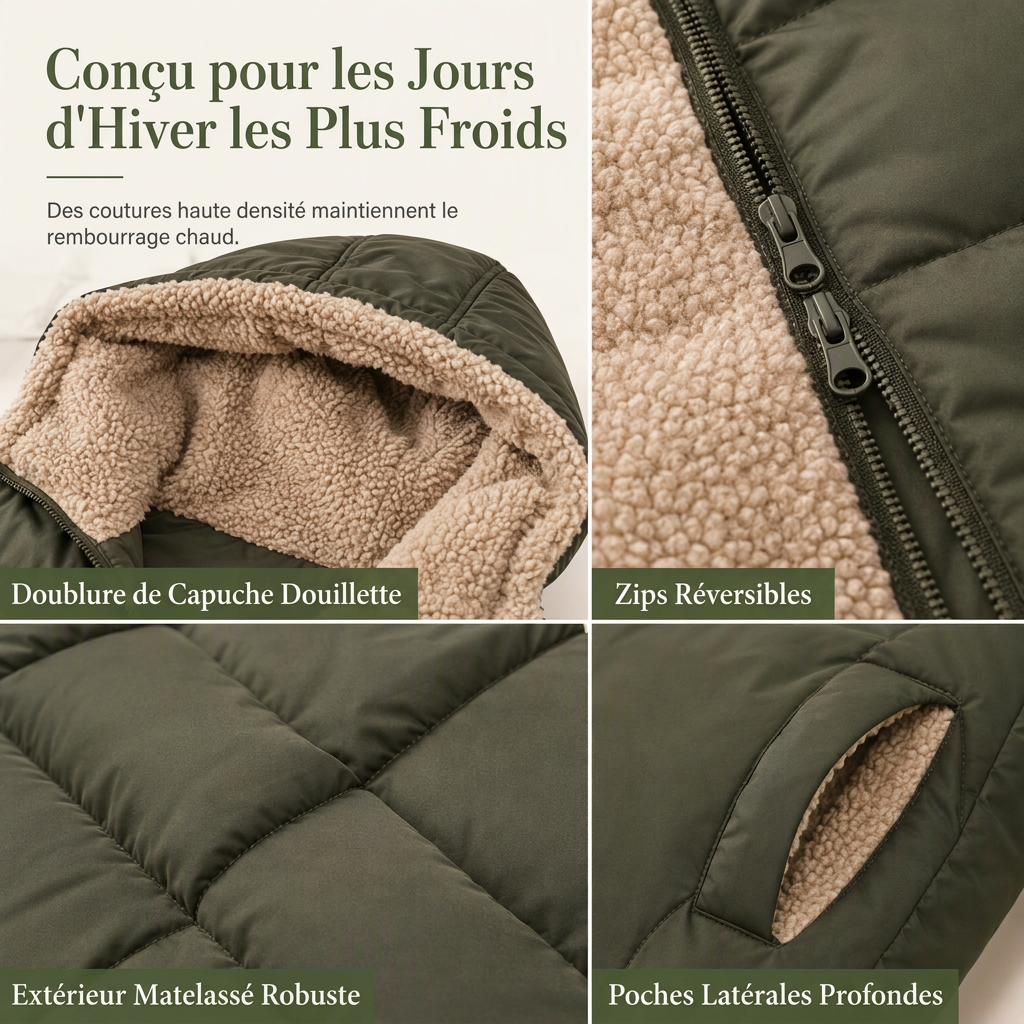 Manteau matelassé à capuche réversible et coupe ajustée